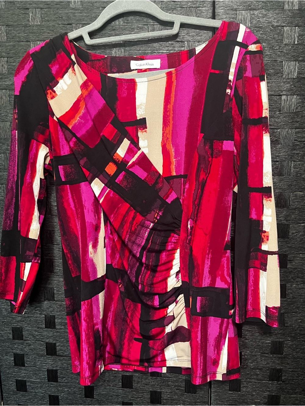Calvin Klein Women's Pink & Black Abstract Ruched Wrap 3/4 sleeve Blouse Size S